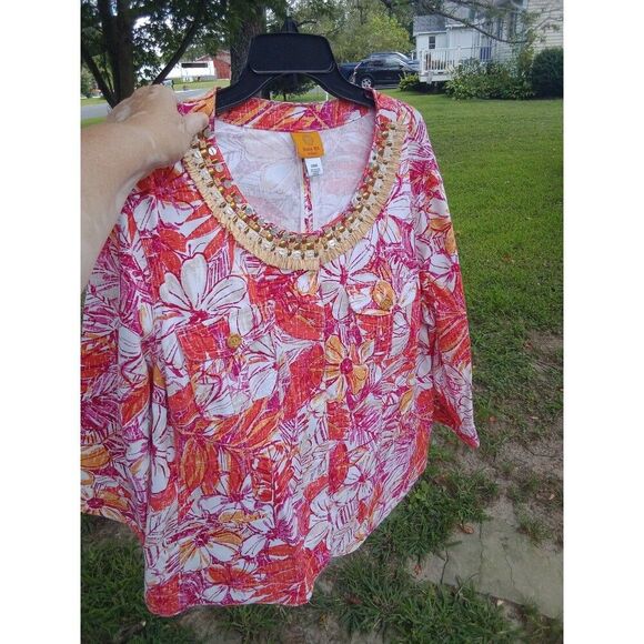 Blazer Jacket Ruby Rd 20W Snaps Beads Straw Tropical Floral Pink Orange White - Picture 1 of 8